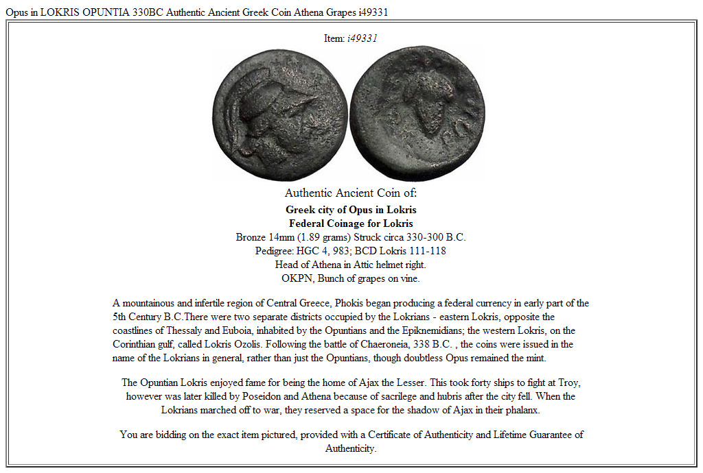 Opus in LOKRIS OPUNTIA 330BC Authentic Ancient Greek Coin Athena Grapes i49331