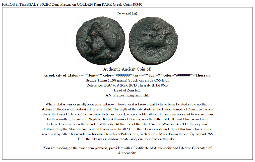 HALOS in THESSALY 302BC Zeus Phrixus on GOLDEN Ram RARE Greek Coin i49340