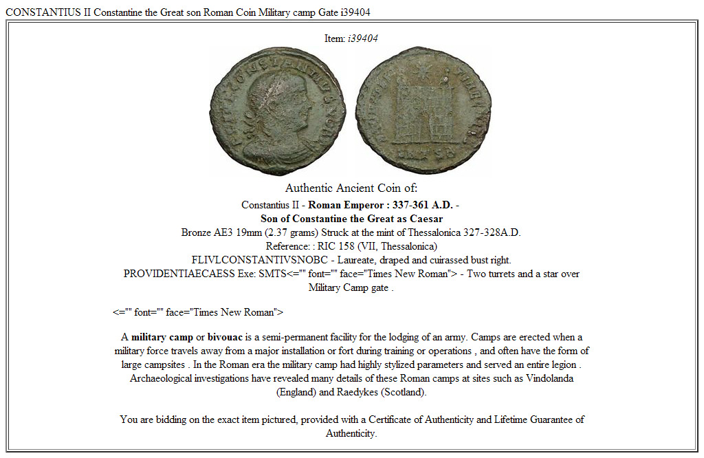 CONSTANTIUS II Constantine the Great son Roman Coin Military camp Gate i39404