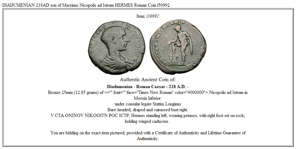 DIADUMENIAN 218AD son of Macrinus Nicopolis ad Istrum HERMES Roman Coin i50992