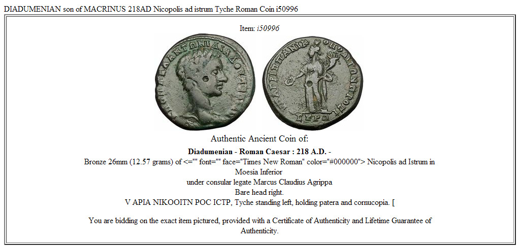 DIADUMENIAN son of MACRINUS 218AD Nicopolis ad istrum Tyche Roman Coin i50996