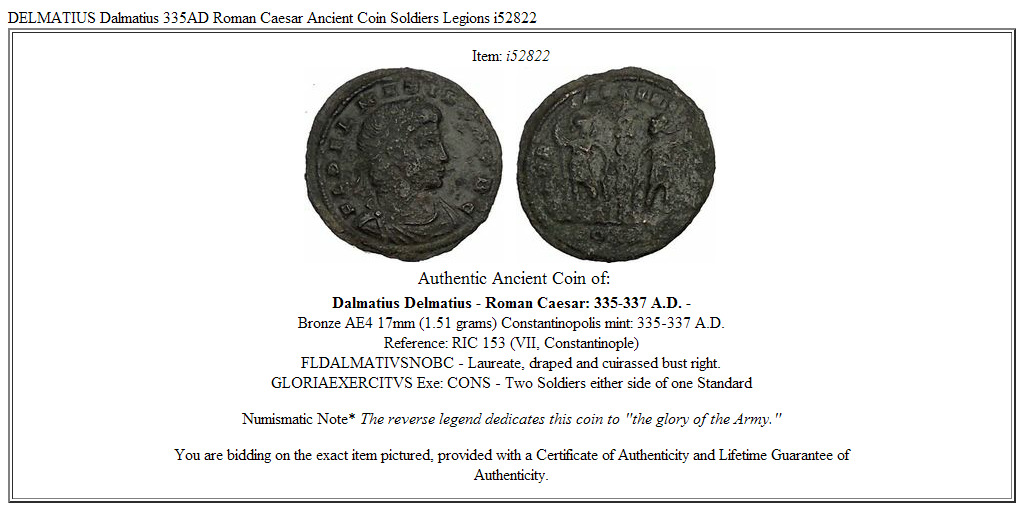 DELMATIUS Dalmatius 335AD Roman Caesar Ancient Coin Soldiers Legions i52822