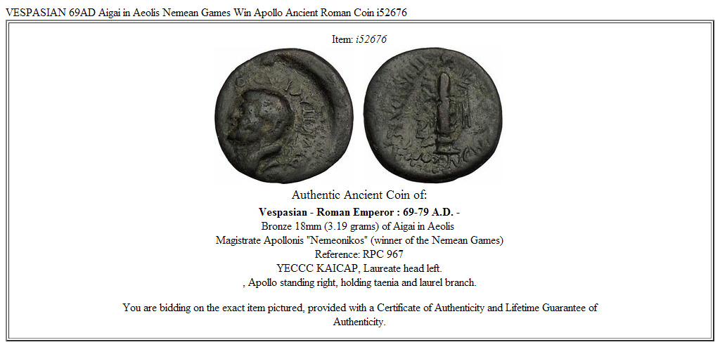 VESPASIAN 69AD Aigai in Aeolis Nemean Games Win Apollo Ancient Roman Coin i52676