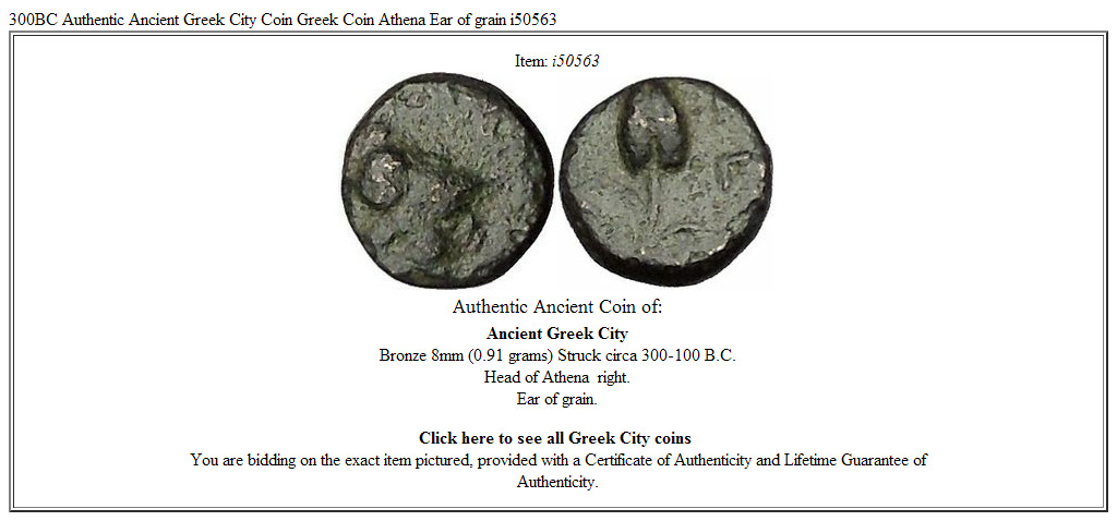 300BC Authentic Ancient Greek City Coin Greek Coin Athena Ear of grain i50563