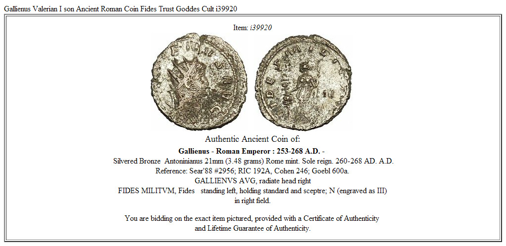 Gallienus Valerian I son Ancient Roman Coin Fides Trust Goddes Cult i39920