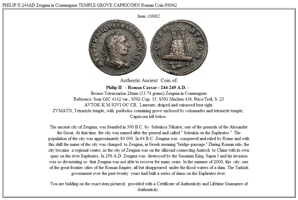 PHILIP II 244AD Zeugma in Commagene TEMPLE GROVE CAPRICORN Roman Coin i56062