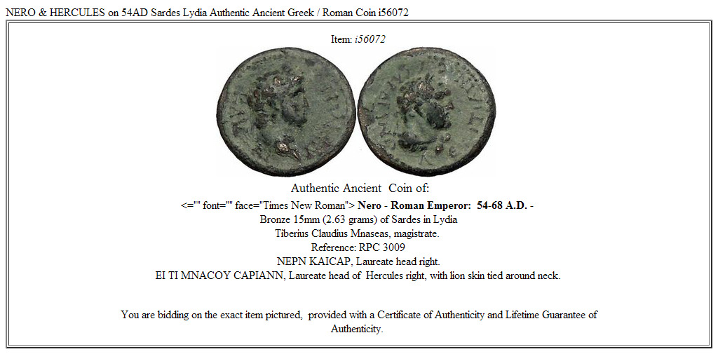 NERO & HERCULES on 54AD Sardes Lydia Authentic Ancient Greek / Roman Coin i56072