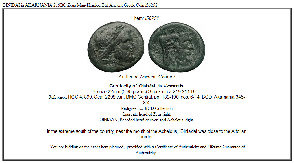 OINIDAI in AKARNANIA 219BC Zeus Man-Headed Bull Ancient Greek Coin i56252