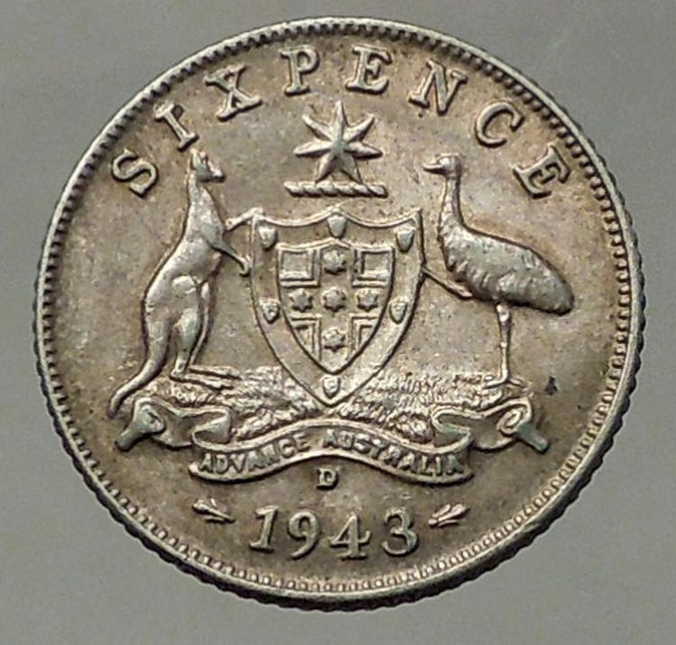 1943 D AUSTRALIA - Sixpence SILVER Coin - UK King George VI Coat-of-Arms i57820