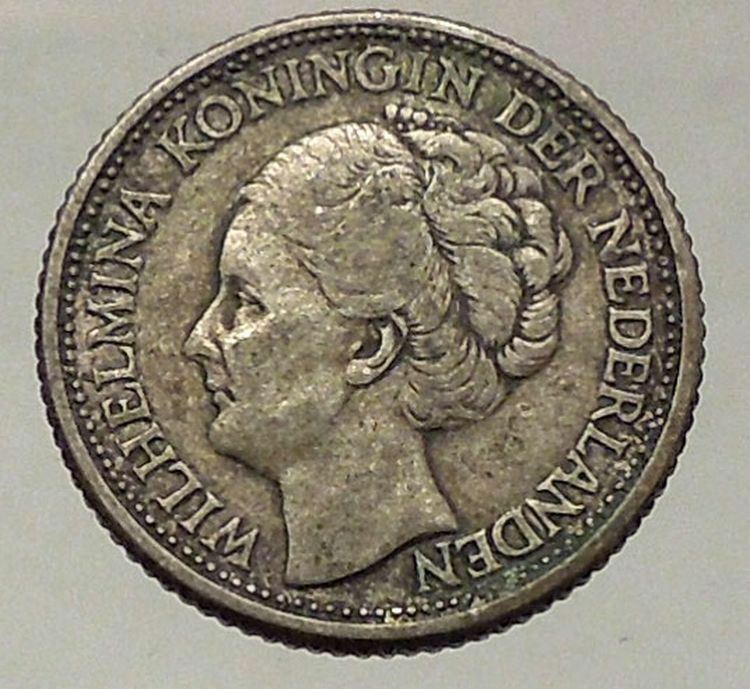 1941 Netherlands Queen WILHELMINA 25 Cents Wreath Authentic Silver Coin i57796