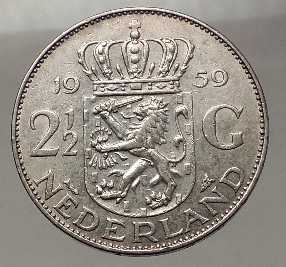 1959 Netherlands Kingdom Queen JULIANA 2½ Gulden Authentic Silver Coin i57773