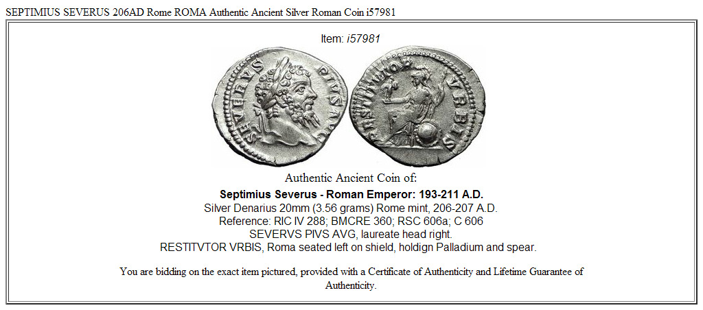 SEPTIMIUS SEVERUS 206AD Rome ROMA Authentic Ancient Silver Roman Coin i57981