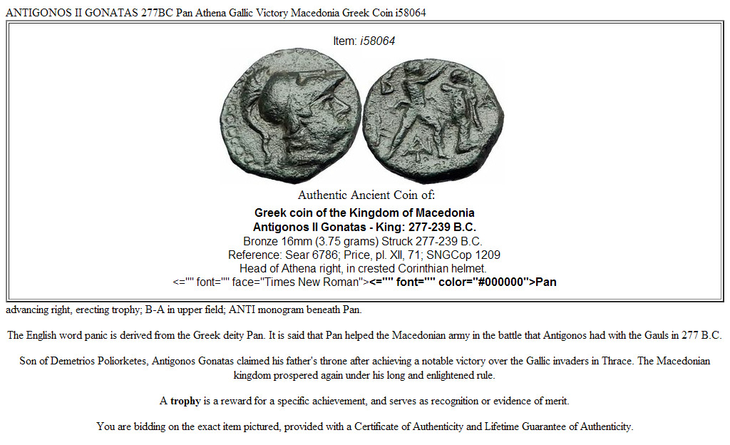 ANTIGONOS II GONATAS 277BC Pan Athena Gallic Victory Macedonia Greek Coin i58064
