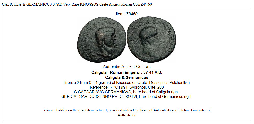 CALIGULA & GERMANICUS 37AD Very Rare KNOSSOS Crete Ancient Roman Coin i58460