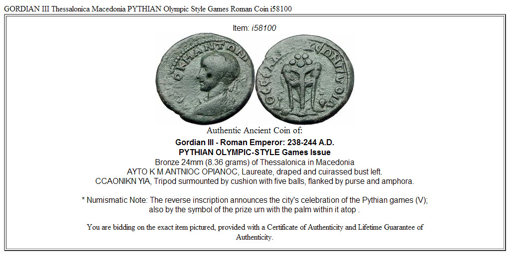 GORDIAN III Thessalonica Macedonia PYTHIAN Olympic Style Games Roman Coin i58100