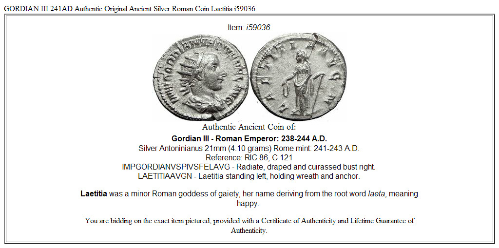 GORDIAN III 241AD Authentic Original Ancient Silver Roman Coin Laetitia i59036