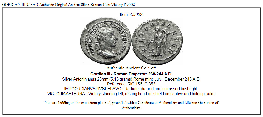 GORDIAN III 243AD Authentic Original Ancient Silver Roman Coin Victory i59002