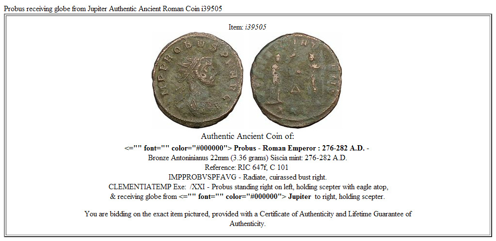 Probus receiving globe from Jupiter Authentic Ancient Roman Coin i39505