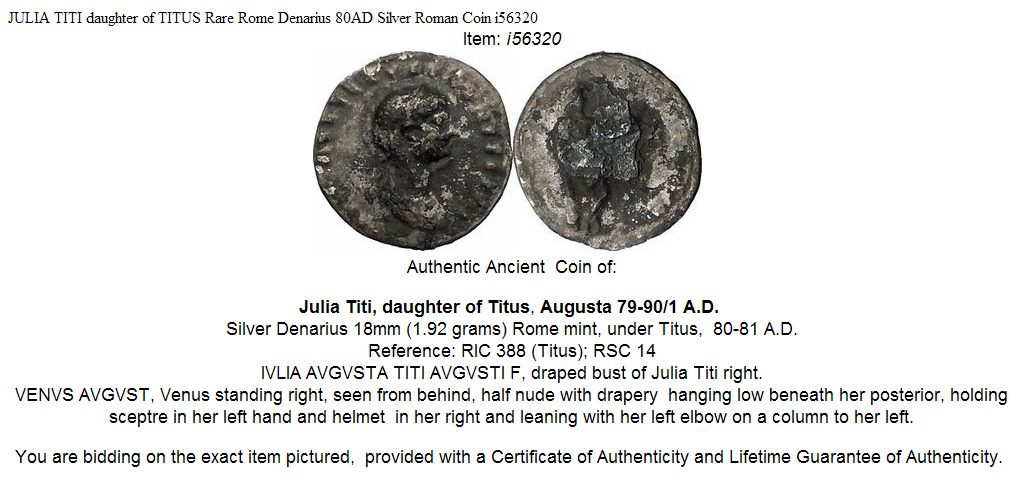 JULIA TITI daughter of TITUS Rare Rome Denarius 80AD Silver Roman Coin i56320