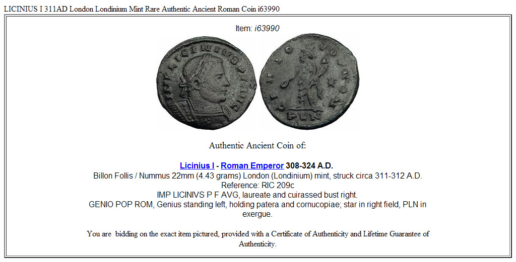 LICINIUS I 311AD London Londinium Mint Rare Authentic Ancient Roman Coin i63990