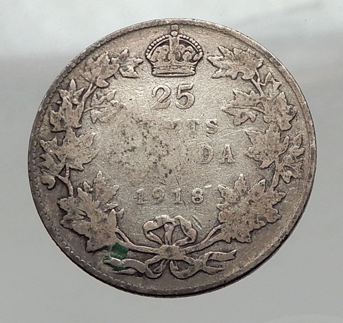 1918 CANADA - UK King George V - Authentic Original SILVER 25 CENTS Coin i63056