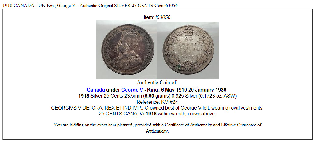 1918 CANADA - UK King George V - Authentic Original SILVER 25 CENTS Coin i63056