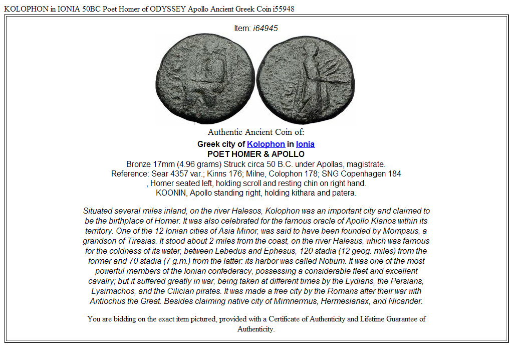 KOLOPHON in IONIA 50BC Poet Homer of ODYSSEY Apollo Ancient Greek Coin i55948