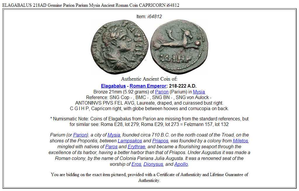 ELAGABALUS 218AD Genuine Parion Parium Mysia Ancient Roman Coin CAPRICORN i64812