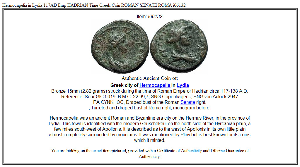 Hermocapelia in Lydia 117AD Emp HADRIAN Time Greek Coin ROMAN SENATE ROMA i66132