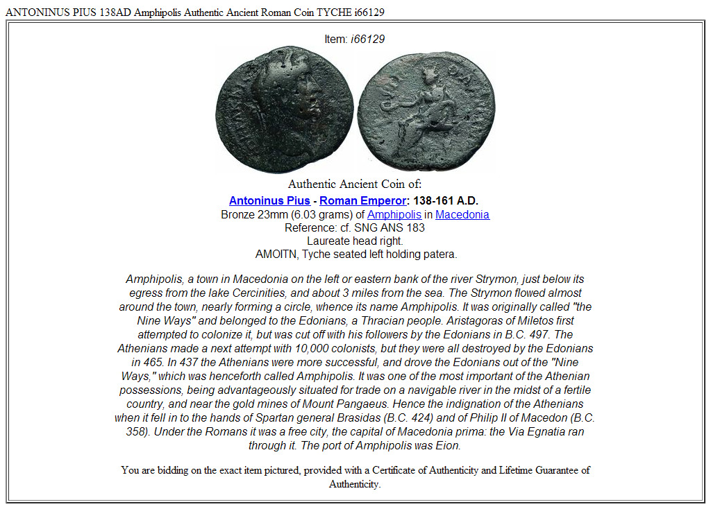 ANTONINUS PIUS 138AD Amphipolis Authentic Ancient Roman Coin TYCHE i66129