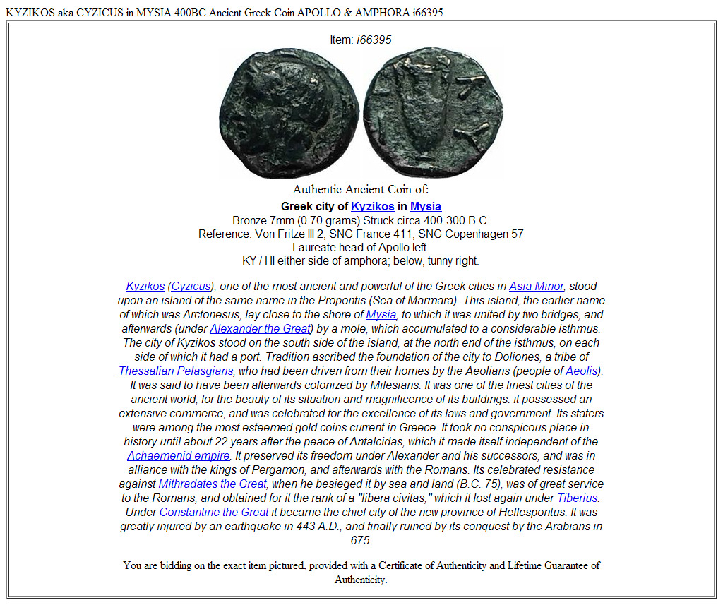 KYZIKOS aka CYZICUS in MYSIA 400BC Ancient Greek Coin APOLLO & AMPHORA i66395