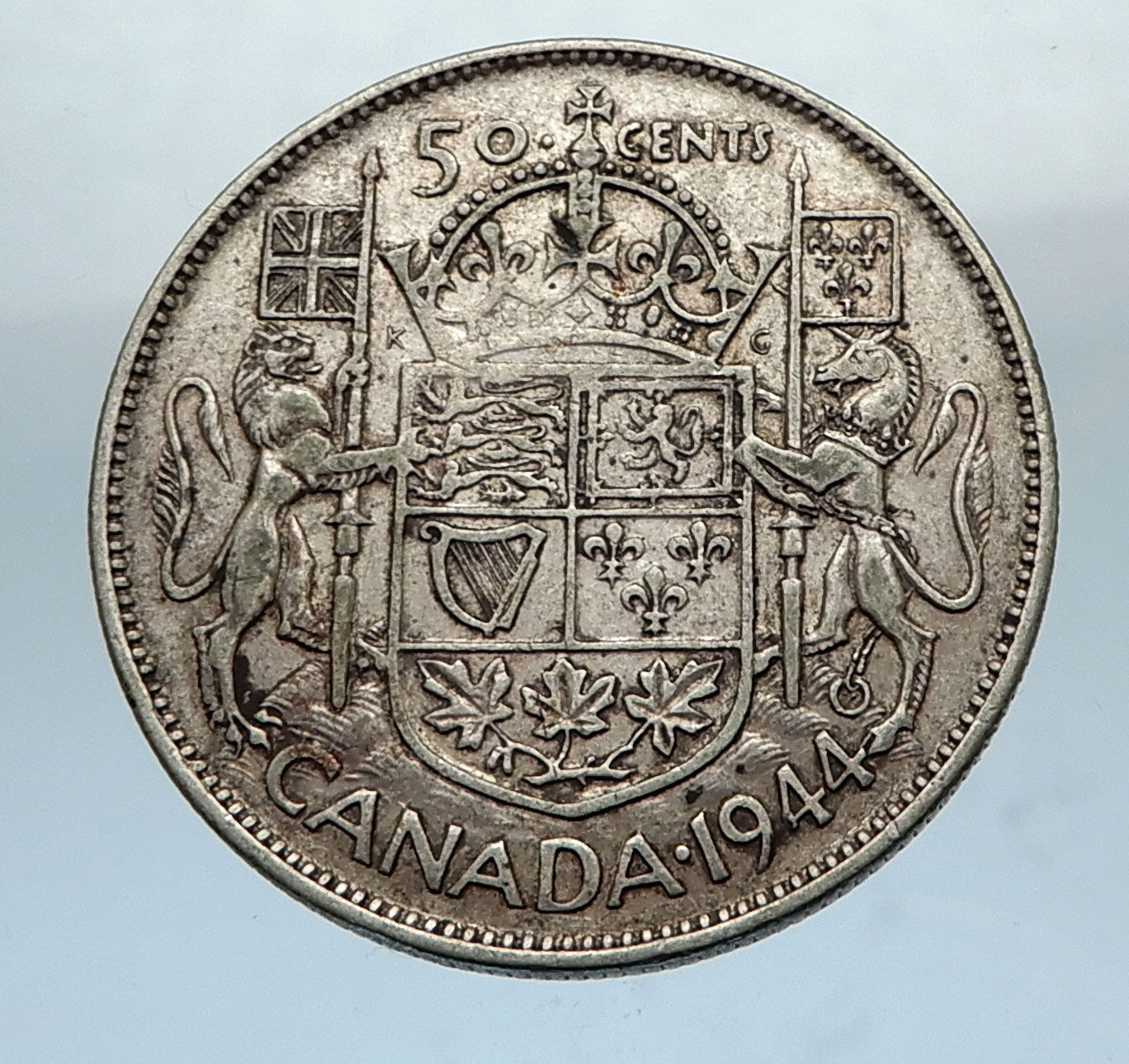 1944 CANADA WWII Time SILVER 50 Cents Coin UK King GEORGE VI Coat-of-Arms i66878