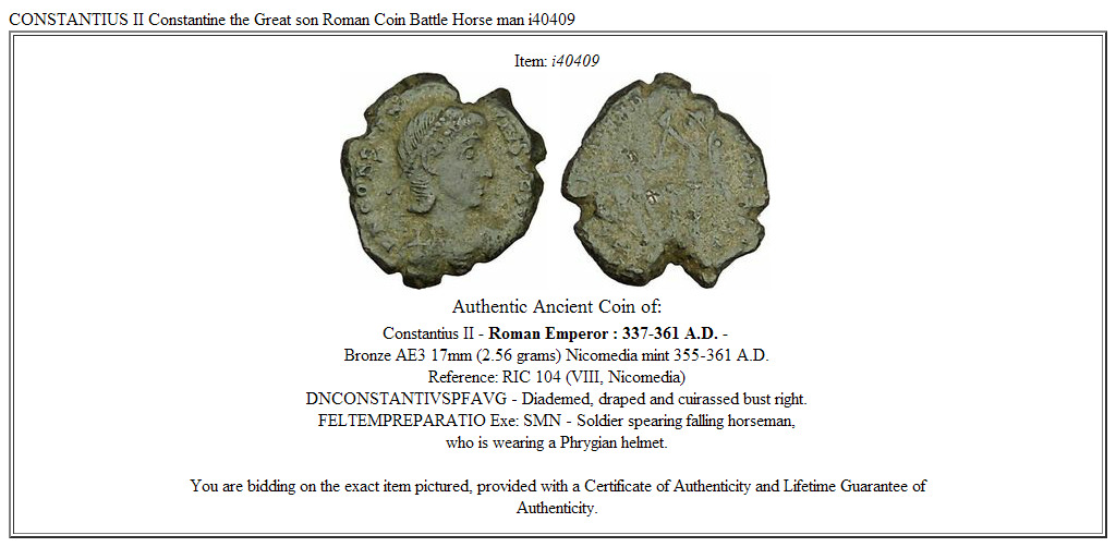 CONSTANTIUS II Constantine the Great son Roman Coin Battle Horse man i40409