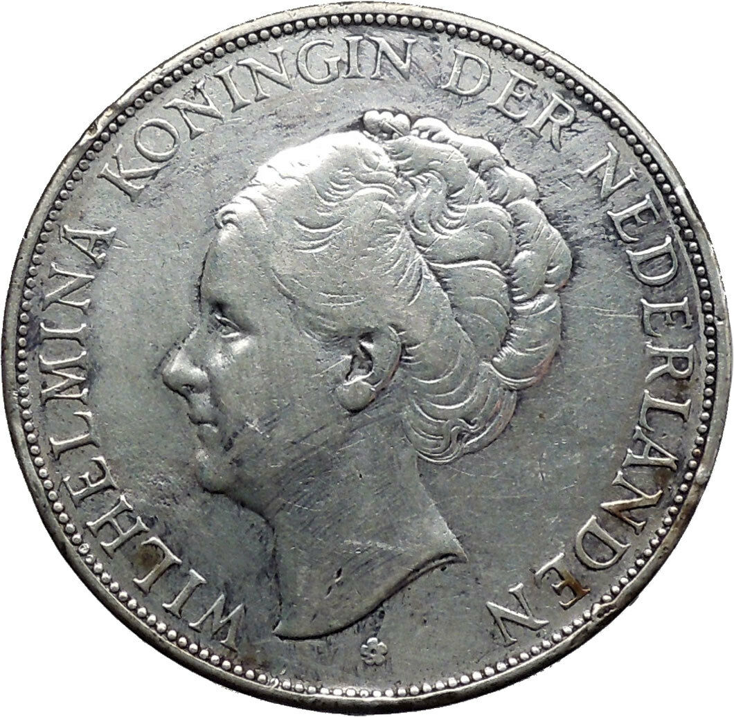 1938 Netherlands Queen WILHELMINA 2 1/2 Gulden Large Silver Coin i45531
