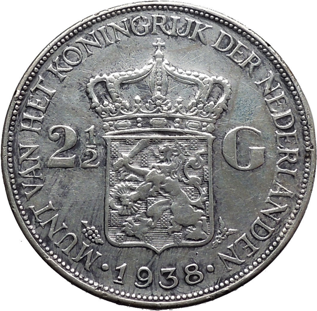 1938 Netherlands Queen WILHELMINA 2 1/2 Gulden Large Silver Coin i45531