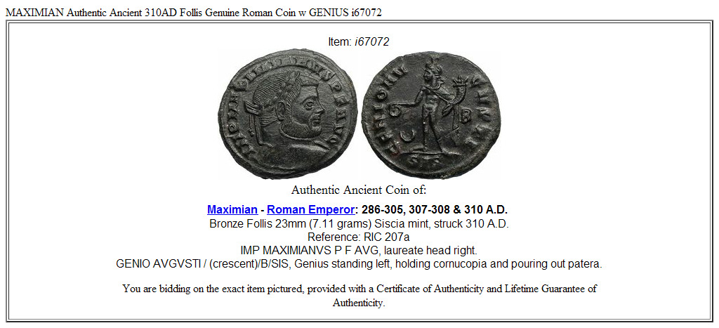 MAXIMIAN Authentic Ancient 310AD Follis Genuine Roman Coin w GENIUS i67072