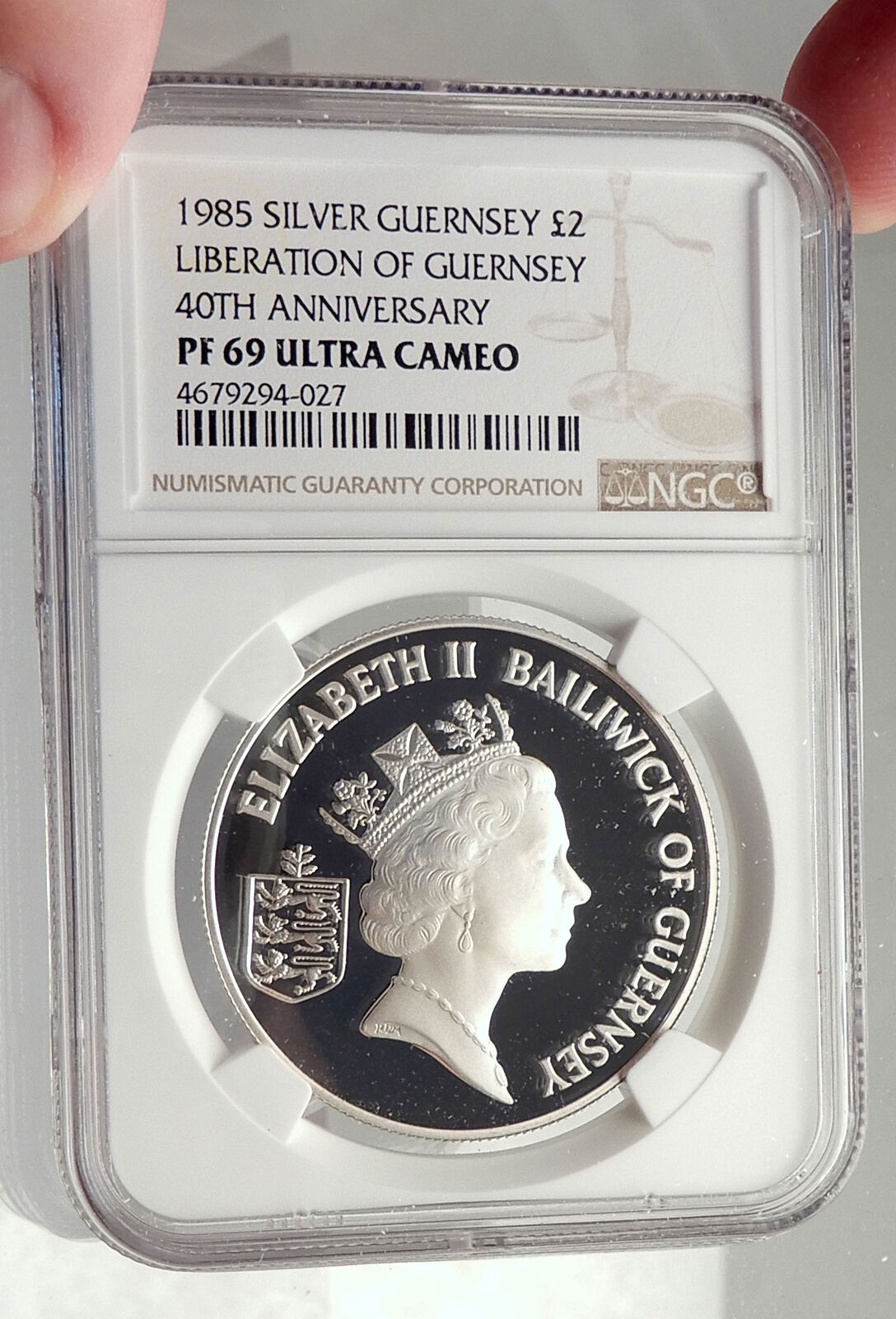 1985 GUERNSEY Channel Island LIBERATION Silver Proof 2 Pounds Coin NGC i71334