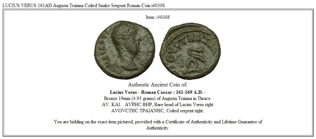 LUCIUS VERUS 161AD Augusta Traiana Coiled Snake Serpent Roman Coin i40308