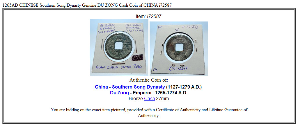 1265AD CHINESE Southern Song Dynasty Genuine DU ZONG Cash Coin of CHINA i72587