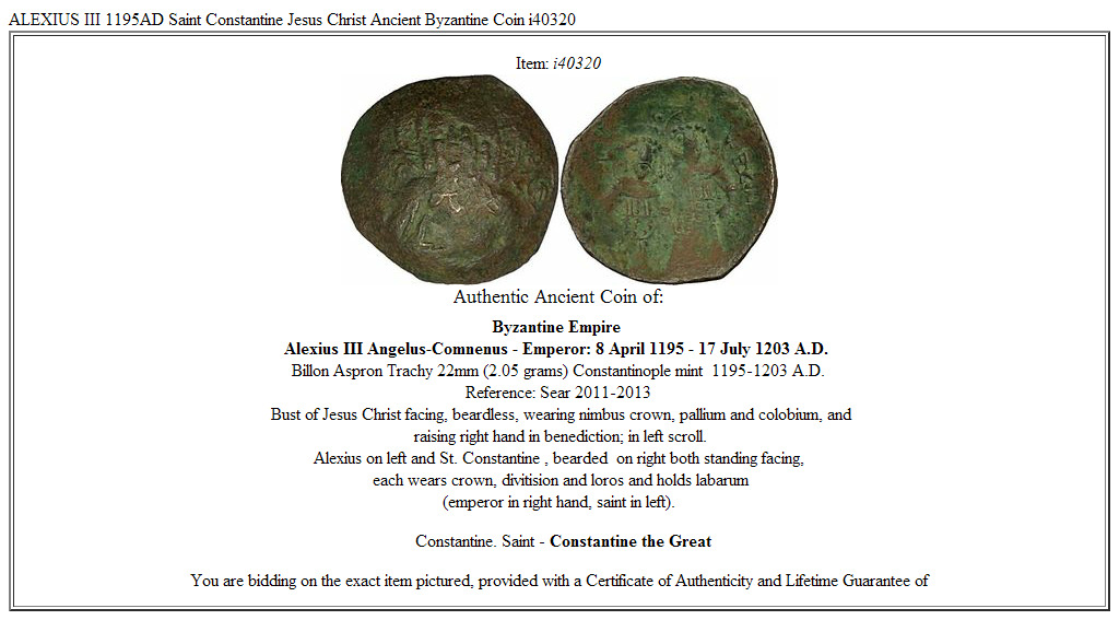 ALEXIUS III 1195AD Saint Constantine Jesus Christ Ancient Byzantine Coin i40320