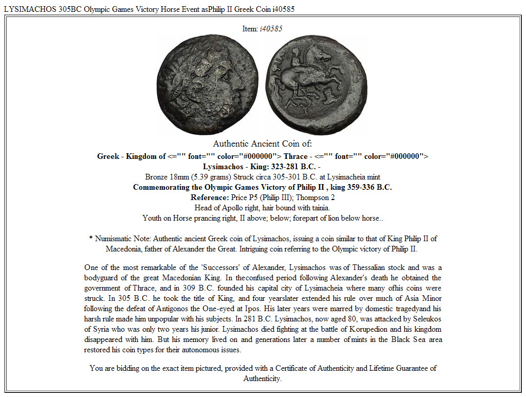 LYSIMACHOS 305BC Olympic Games Victory Horse Event asPhilip II Greek Coin i40585
