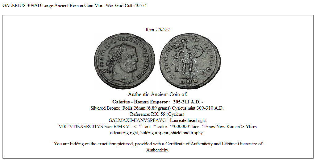 GALERIUS 309AD Large Ancient Roman Coin Mars War God Cult i40574