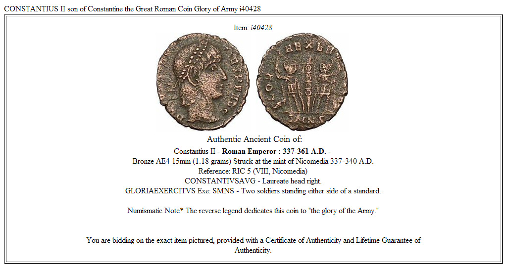 CONSTANTIUS II son of Constantine the Great Roman Coin Glory of Army i40428