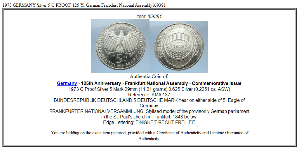 1973 GERMANY Silver 5 G PROOF 125 Yr German Frankfurt National Assembly i69381