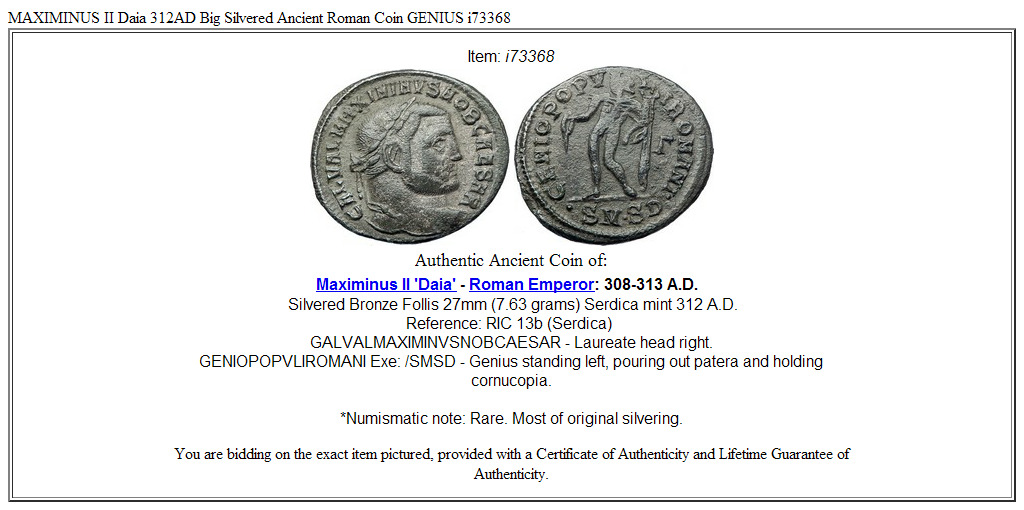 MAXIMINUS II Daia 312AD Big Silvered Ancient Roman Coin GENIUS i73368