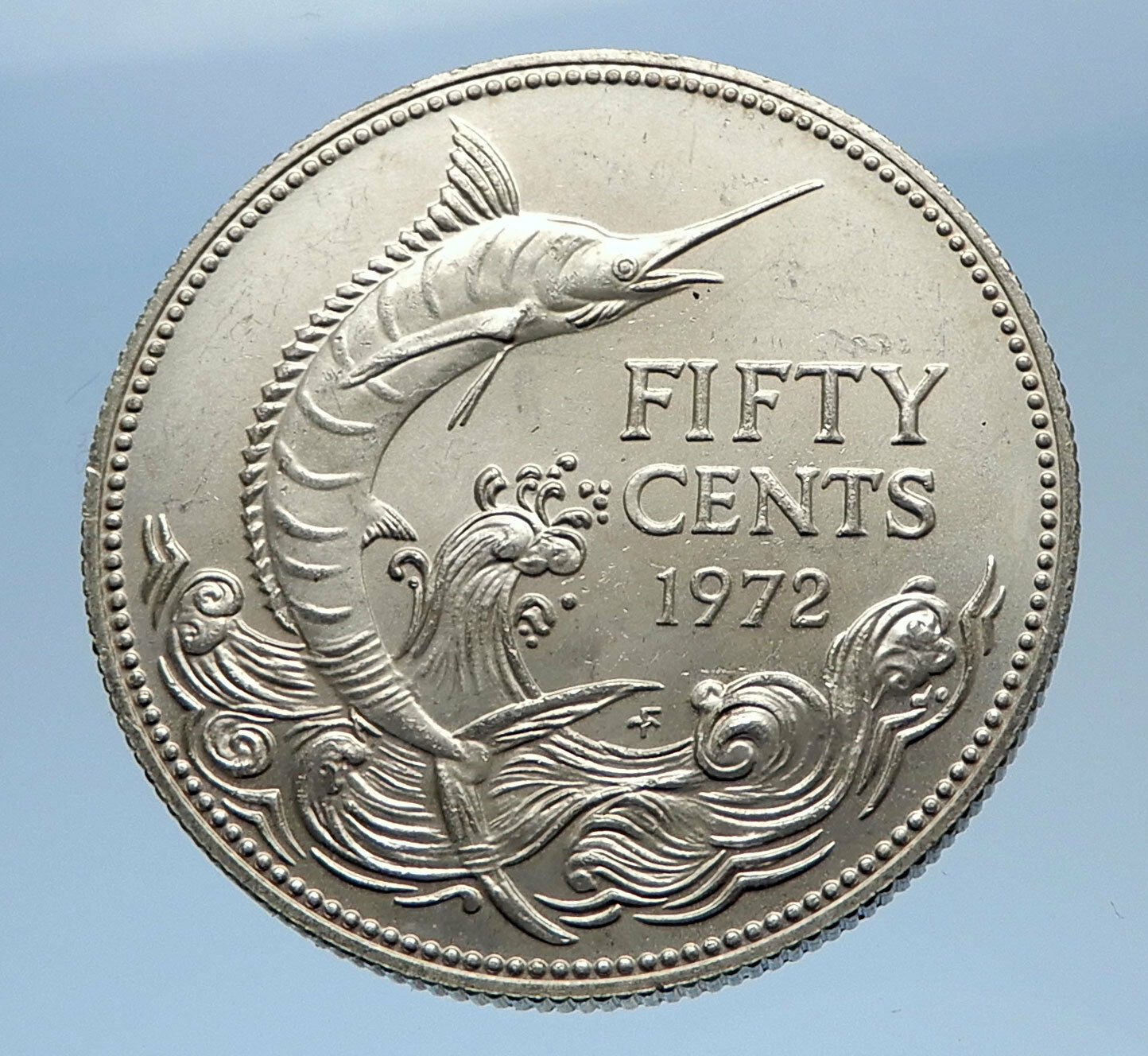 1972 BAHAMAS Silver Coin 50 Cents UK Queen Elizabeth II and Marlin FISH i69614