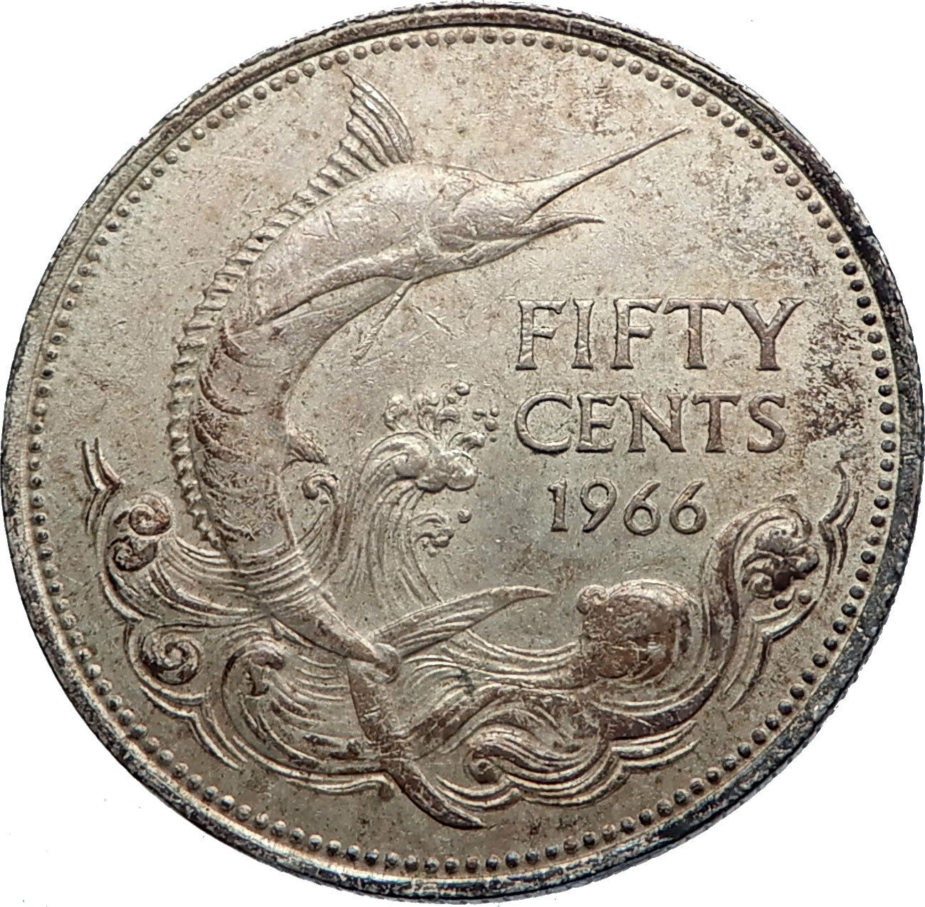 1966 BAHAMAS Silver Coin 50 Cents UK Queen Elizabeth II and Marlin FISH i71955