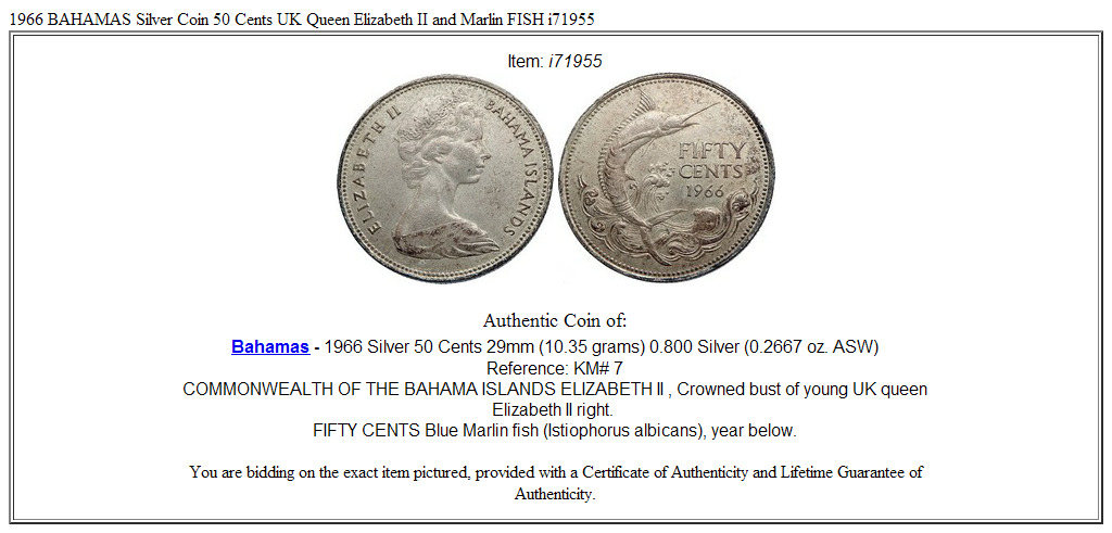 1966 BAHAMAS Silver Coin 50 Cents UK Queen Elizabeth II and Marlin FISH i71955