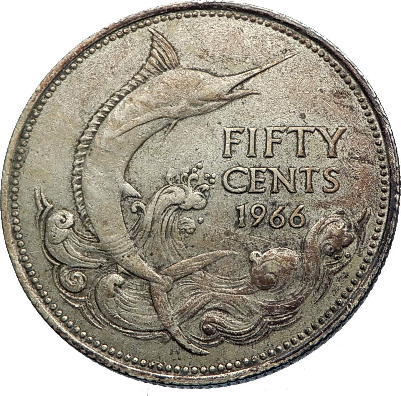 1966 BAHAMAS Silver Coin 50 Cents UK Queen Elizabeth II and Marlin FISH i71958