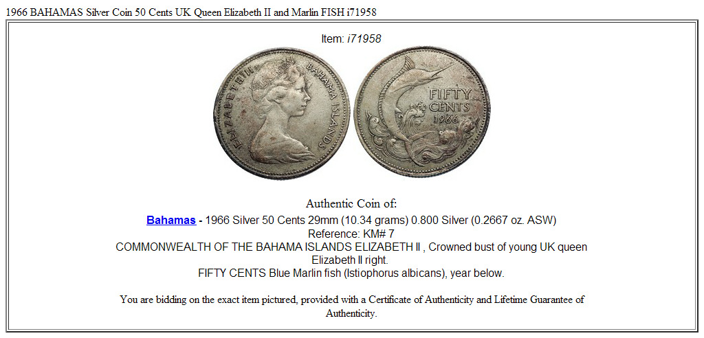 1966 BAHAMAS Silver Coin 50 Cents UK Queen Elizabeth II and Marlin FISH i71958